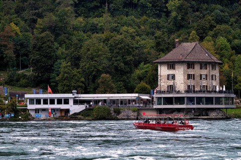 Excursion boat with tourists, Rhine Falls Schaffhausen, waterfall, Panoramarestaurant Schlössli
