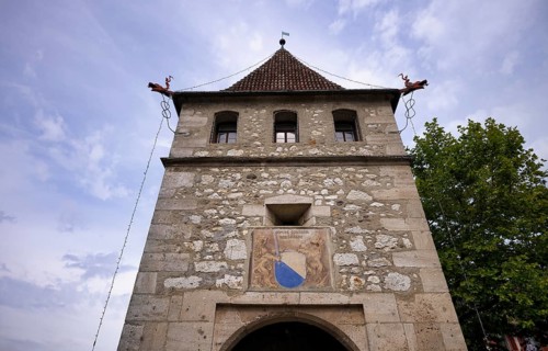 Historic defence defence tower, tower, coat of arms, Laufen Castle, Rhine Falls Schaffhausen,