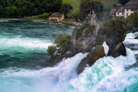 Tourists, visitors, on viewing platform, rock, middle rock, Rhine Falls Schaffhausen, waterfall,