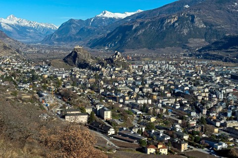 The town of Sion in the Rhone Valley with the two castles Tourbillon, left, and Valere, right,