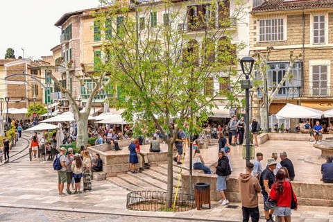 Cityscape view at the city square with lot of tourist in Sóller a famous tourist destination on
