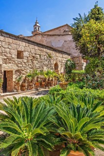 Lush green botanical garden a peaceful oasis at the Arab Baths in the old town in Palma a sunny