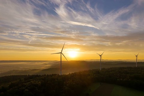 Wind turbines stand still under a soft sunlight illuminating the sky and forest, near Schorndorf,