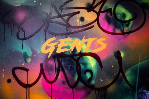 Graffiti on toilet door and lettering 'GENTS', neon colours, London, England, Great Britain