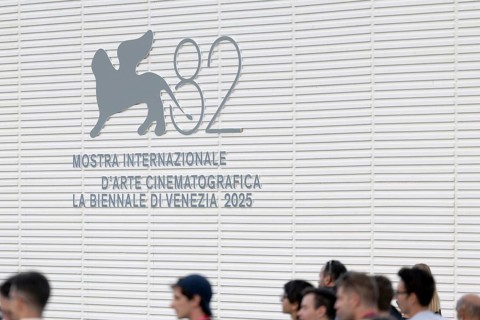 Venice, Italy - 1 September 2025: La Biennale di Venezia - Logo in front of the Palazzo del Cinema