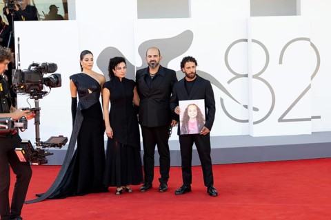 Venice, Italy - 3 September 2025: Saja Kilani, Clara Khoury, Amer Hlehel, Motaz Malhees with a