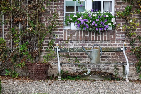Rustic garden bench on a brick wall with flowering plants and watering can. Rural and cosy