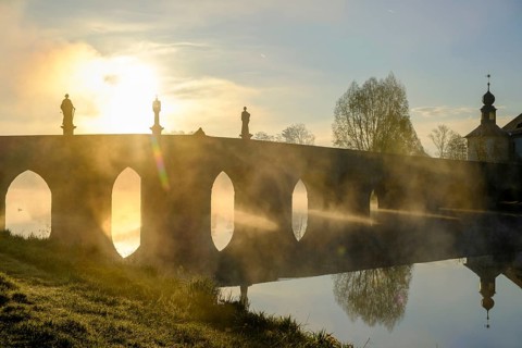 Morning atmosphere, fog at Fischhof, with historic Fischhof bridge, Tirschenreuth, Upper