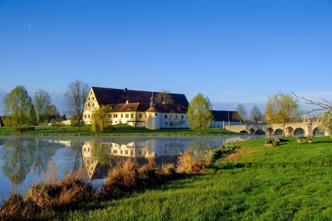 Morning atmosphere, fog at the Fischhof, Fischhofpark, Tirschenreuth, Upper Palatinate, Bavaria,