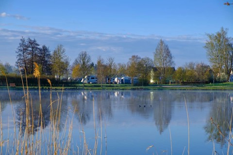 Motorhome site, morning mood, fog at the Fischhof, Tirschenreuth, Upper Palatinate, Bavaria,