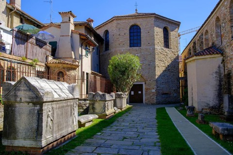 Sarcophagus at the Early Medieval Basilica di Sant'Eufemia, Grado, Julian Friuli, Adriatic Sea,