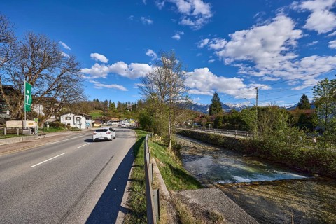 River Bischofswieser Ache, road, trees, hill, crash barrier, shadow, blue sky, cumulus clouds,