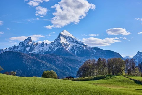 Mountain Watzmann, landscape photography, mountain landscape, mountains, meadow, coniferous forest,