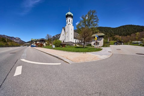 Parish church Herz-Jesu Bischofswiesen, church, trees, lawn, hill, coniferous forest, blue sky,