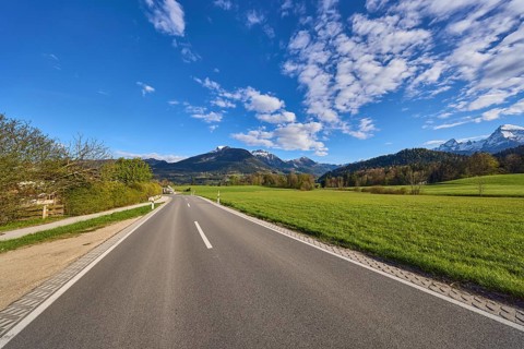 Road, centre line, meadow, landscape, mountain landscape, mountains, hills, trees, forest, blue