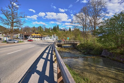River Bischofswieser Ache, road, trees, hill, coniferous forest, building, motorway bridge and
