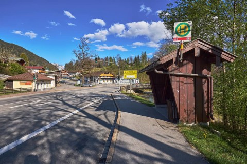 Bus stop, road, traffic lights, trees, hill, coniferous forest, building, shadow, blue sky, cumulus