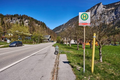 Bus stop Winkl Zollhäuser, road, mountain landscape, mountains, meadow, trees, coniferous forest,