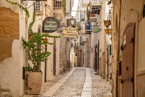Narrow alley in the historic centre of Vieste, Gargano, Apulia, Italy