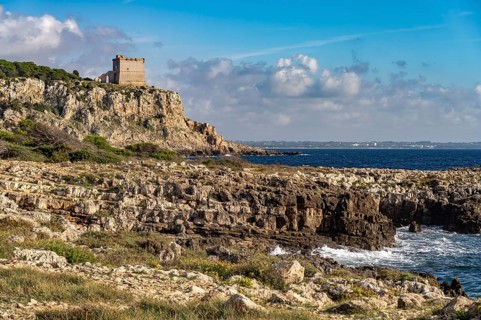 The Torre dell'Alto watchtower on the coast of the Porto Selvaggio nature reserve, Santa Caterina,