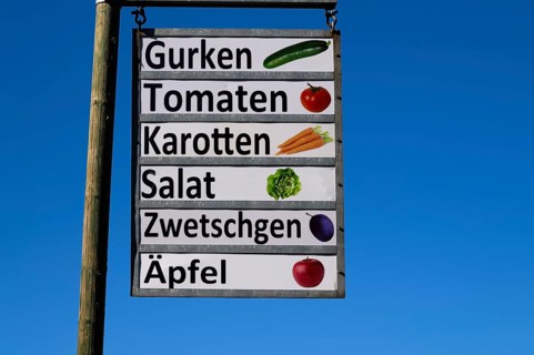 Sign of a farm shop at a farm, offering cucumbers, tomatoes, carrots, lettuce, plums, apples,