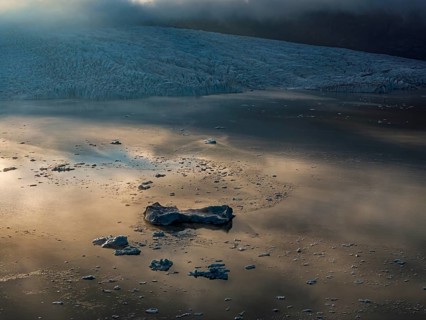 Icebergs, ice floes, glacial lake, glacier, summer, evening mood, aerial view, Fjallsjökull,