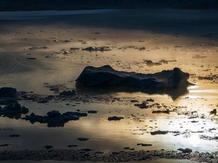 Icebergs, ice floes, glacial lake, summer, evening mood, aerial view, Fjallsjökull, Vatnajökull