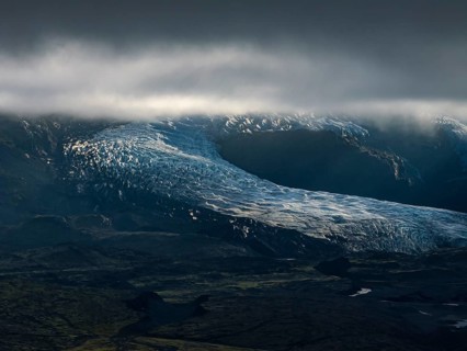 Glacier, glacier tongue, mountains, cloudy, summer, evening mood, aerial view, Fjallsjökull,