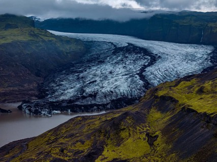 Glacier, glacier tongue, lake, mountains, cloudy, rainy, summer, aerial view, Myrdalsjökull,