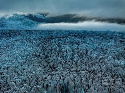 Glacier, glacier tongue, summer, evening mood, clouds, aerial view, Fjallsjökull, Vatnajökull