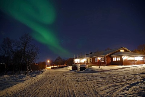 A snowy path leads to a house under the Northern Lights and a clear night sky, Sortland campsite,