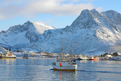 A fishing boat on calm water against a backdrop of snow-capped mountains and blue sky, Myre,