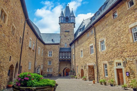 View over the inner courtyard of Spangenberg Castle to the castle tower, Spangenberg,
