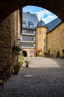 View through the castle gate into the inner courtyard of Spangenberg Castle, Spangenberg,