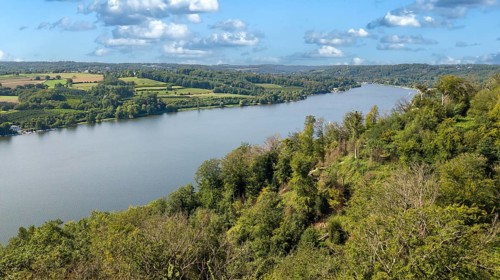 Bird's eye view of Lake Baldeney and Schellenberger Wald mixed forest in front, Essen, North
