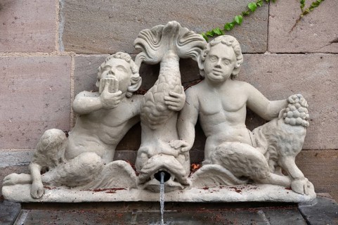 Figures from a baroque fountain, around 1700, Melanchtonschule, Nuremberg, Middle Franconia,