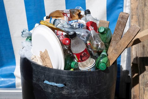 Waste bin with paper plate, pet bottles and wood, Switzerland