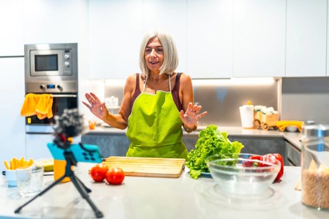 Elderly woman in a green apron recording a cooking tutorial with fresh vegetables, showcasing