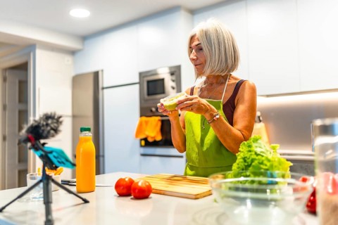 Elderly woman wearing an apron preparing healthy food in her modern kitchen and recording a video
