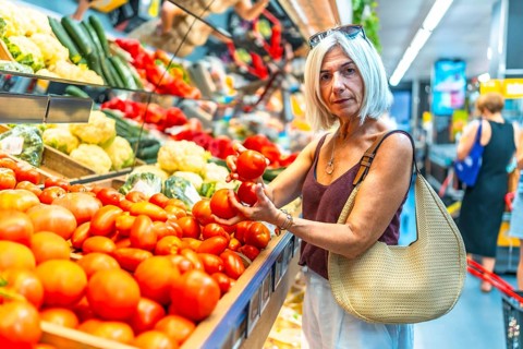 Mature woman choosing ripe tomatoes in a vibrant grocery store produce aisle, surrounded by an