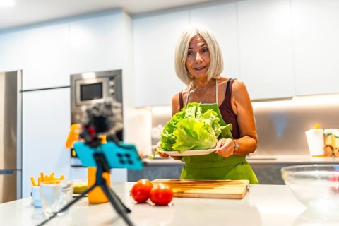 Senior woman creating a cooking video, holding fresh lettuce and surrounded by vegetables in a