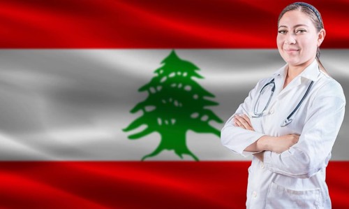 Female doctor on Lebanon flag. Doctor with crossed arms on Lebanon flag. Lebanon health and care