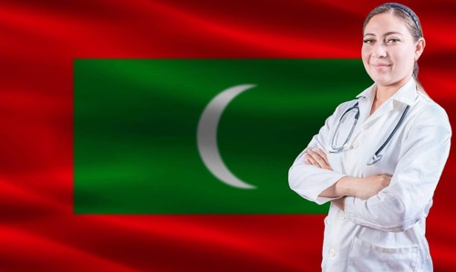 Female doctor on Maldives flag. Doctor with crossed arms on Maldives flag. Maldives health and care
