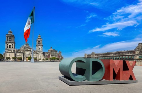 Zocalo Constitution Square in Mexico city, landmark Metropolitan Cathedral and National Palace