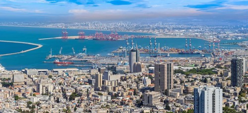 Israel, panoramic skyline view of Haifa downtown, port and historic center