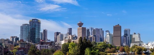 Scenic Vancouver business financial district panoramic skyline in the city downtown