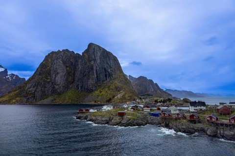 Beautiful fishing village Reine, scenic dramatic views of Lofoten islands in Norway