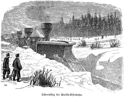Snow plough of the Pacific Railway, Pacific Railway, North America, metre-high snow, several steam