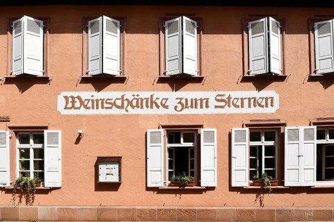 Ettlingen, Germany - August 13th 2025: Facade of restaurant Weinschänke zum Sternen