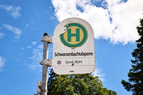 Forbach, Germany - July 13th 2025: Bus stop sign for tourist attraction Bus stop sign